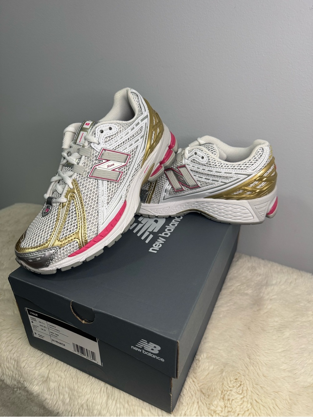 New Balance 1906R Women’s White & Gold Running Shoes with Pink Accent